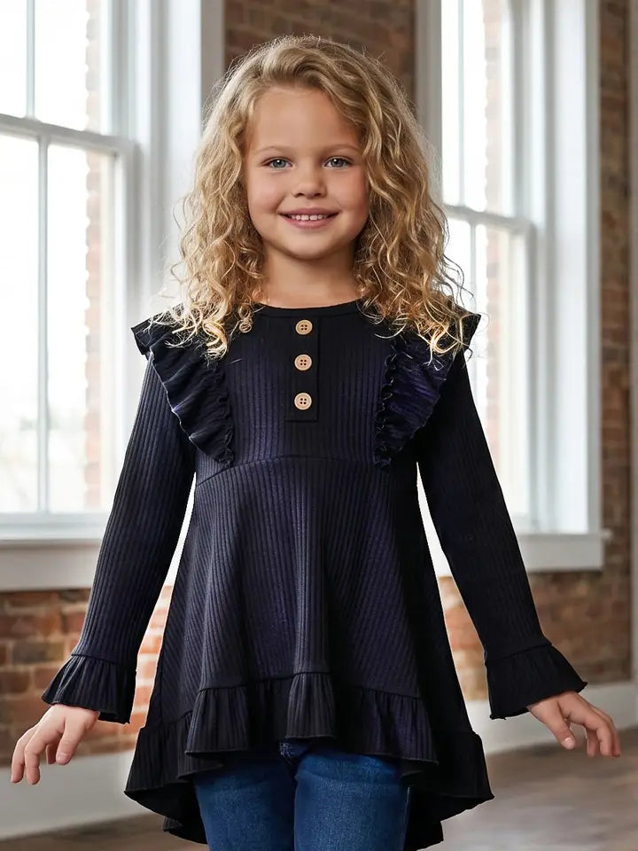 Kids Black Ribbed Long Sleeve Button Ruffle Shirt