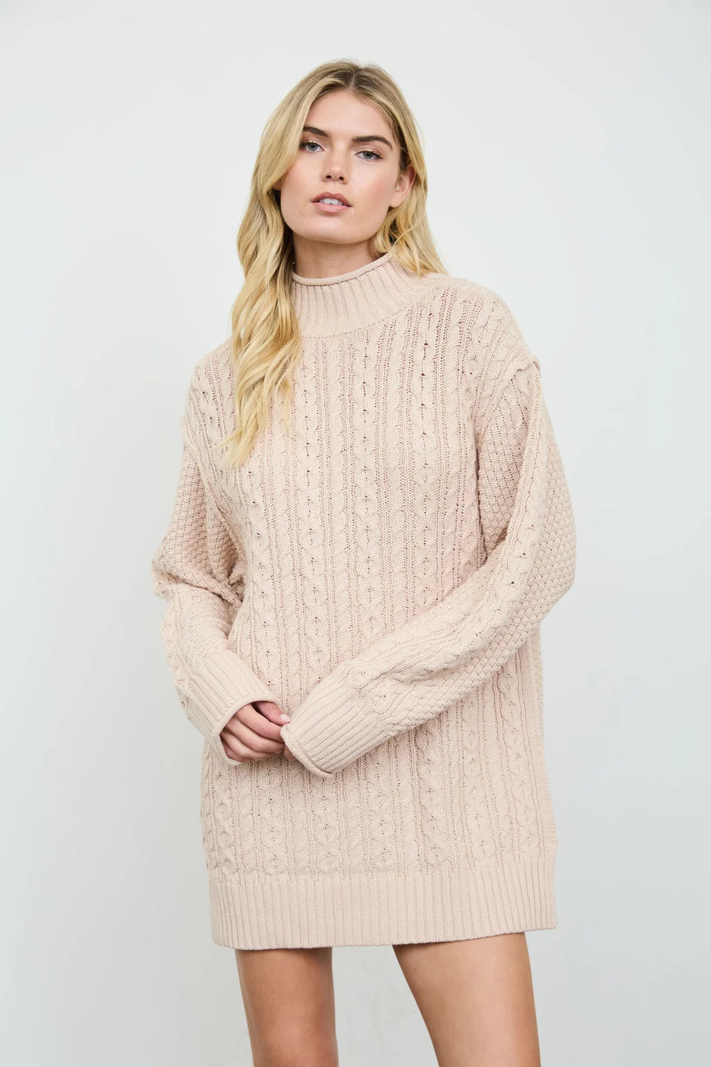 CABLE KNIT MOCK NECK MINI SWEATER DRESS