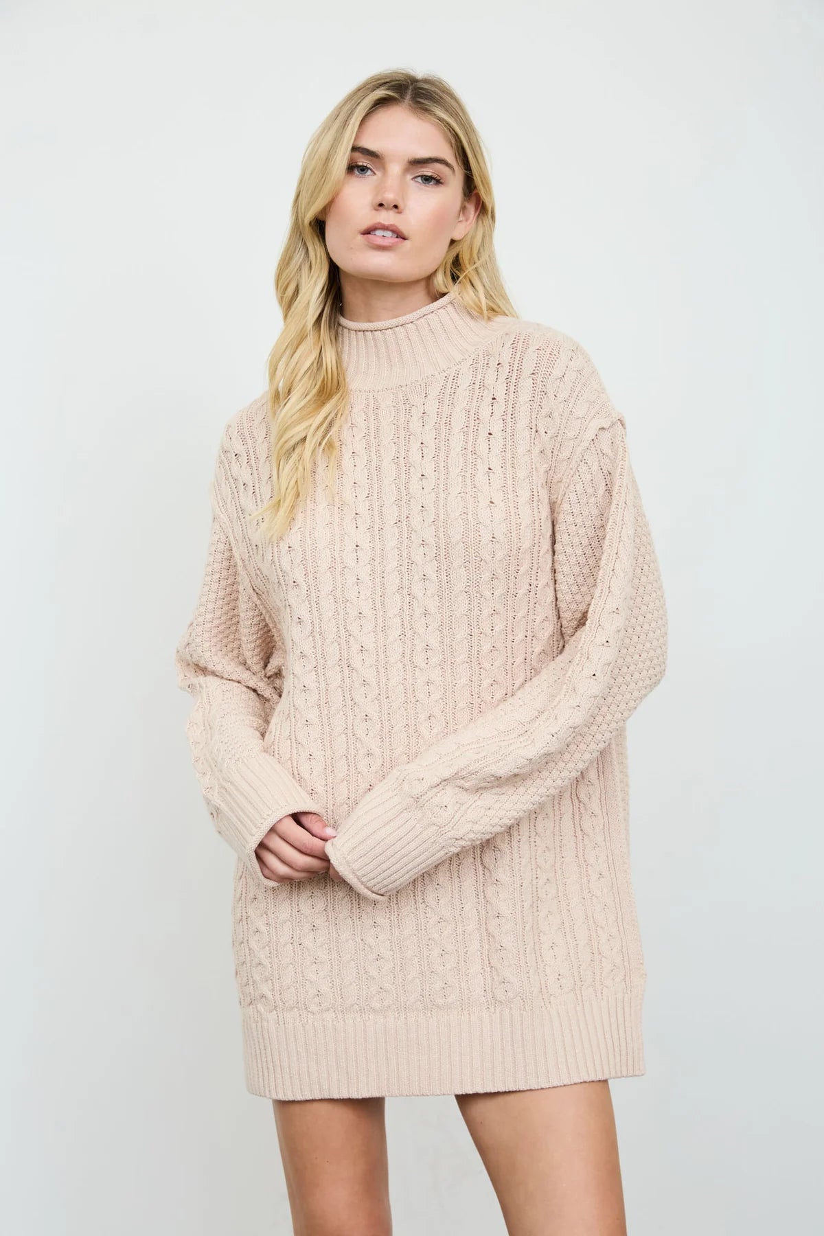 CABLE KNIT MOCK NECK MINI SWEATER DRESS