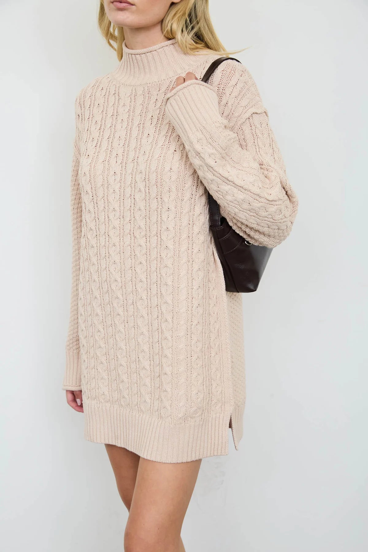 CABLE KNIT MOCK NECK MINI SWEATER DRESS