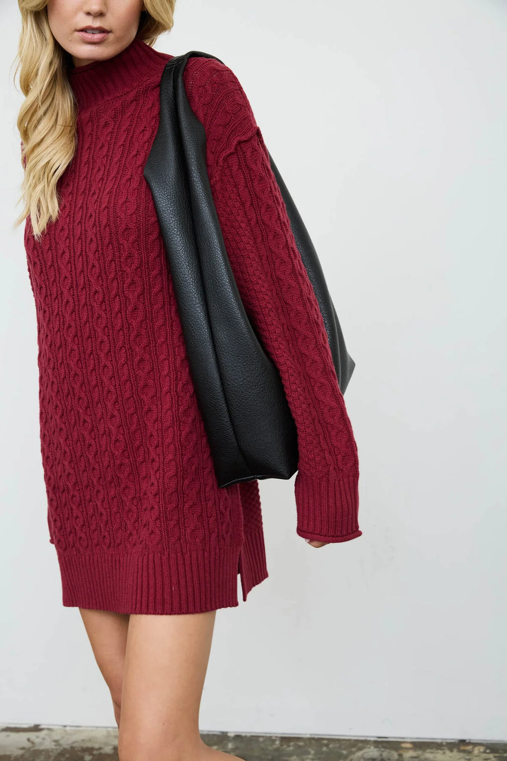 CABLE KNIT MOCK NECK MINI SWEATER DRESS