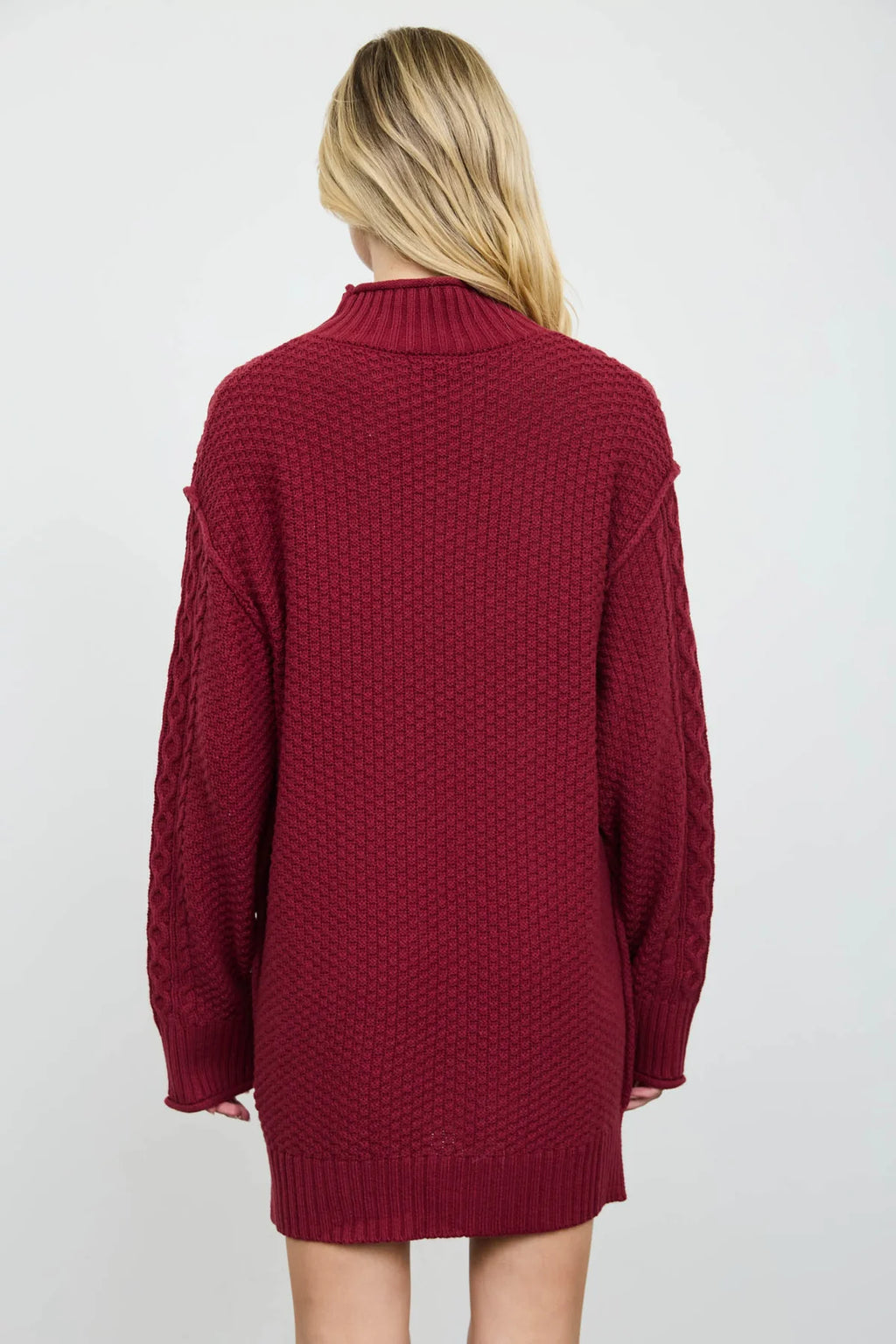 CABLE KNIT MOCK NECK MINI SWEATER DRESS