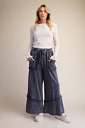 EASEL PLUS SIZE-SELF FRAY DETAILING WASHED TERRY PANTS
