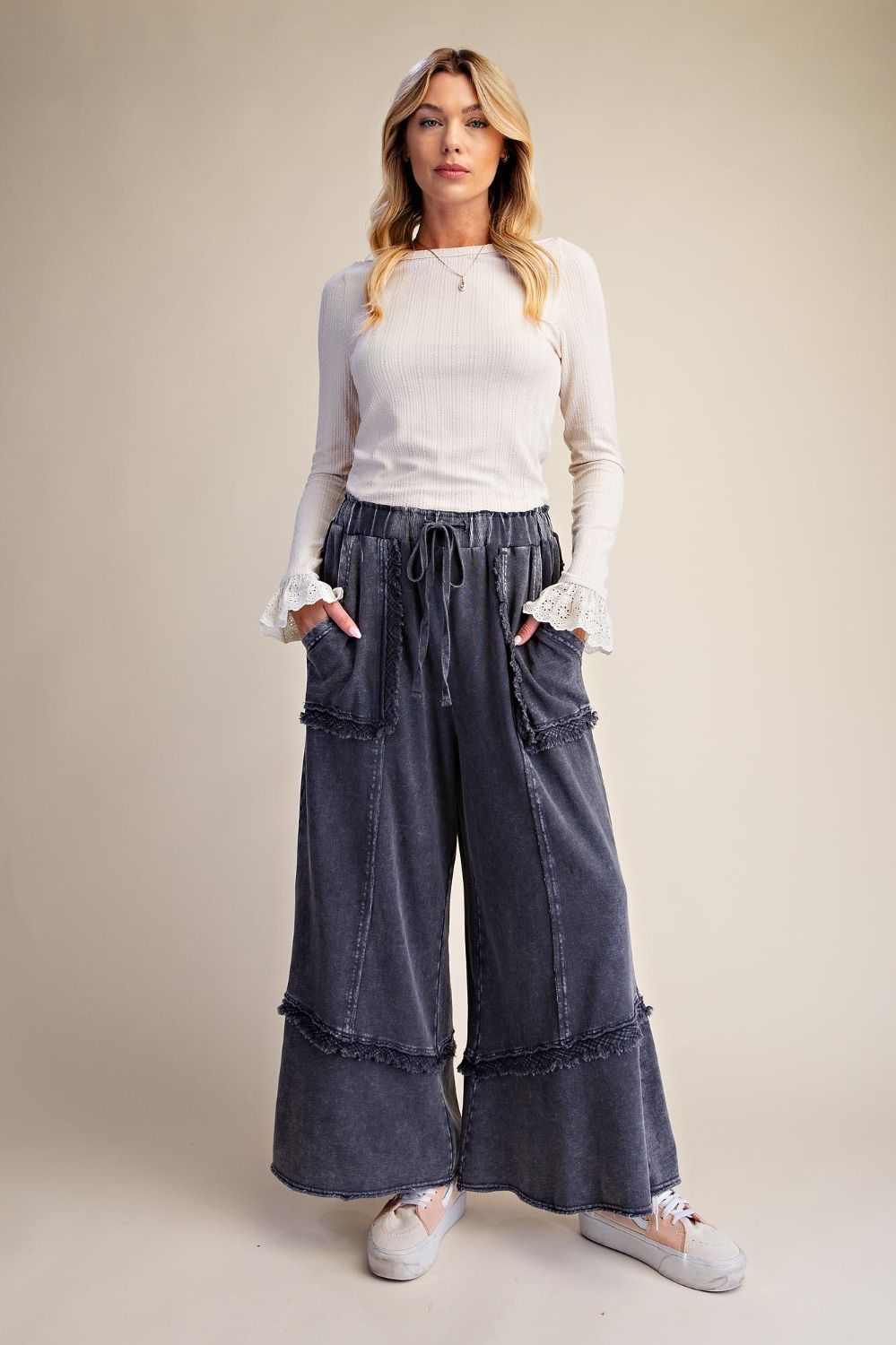 EASEL PLUS SIZE-SELF FRAY DETAILING WASHED TERRY PANTS