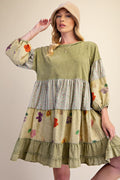 EASEL PLUS SIZE PRINT MIX TIERED WASHED DRESS