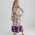 Girls Purple Dot & Winter Floral Long Sleeve 3 Ruffle Dress