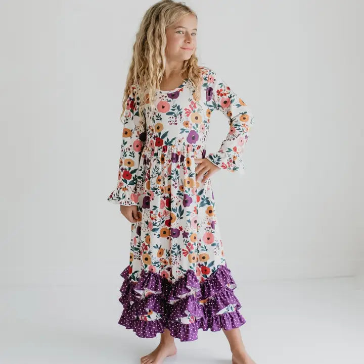 Girls Purple Dot & Winter Floral Long Sleeve 3 Ruffle Dress