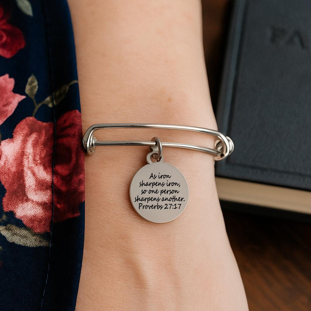 As Iron Sharpens Iron Stainless Steel Expandable Bracelet With Engraved Proverbs 27 17 Charm
