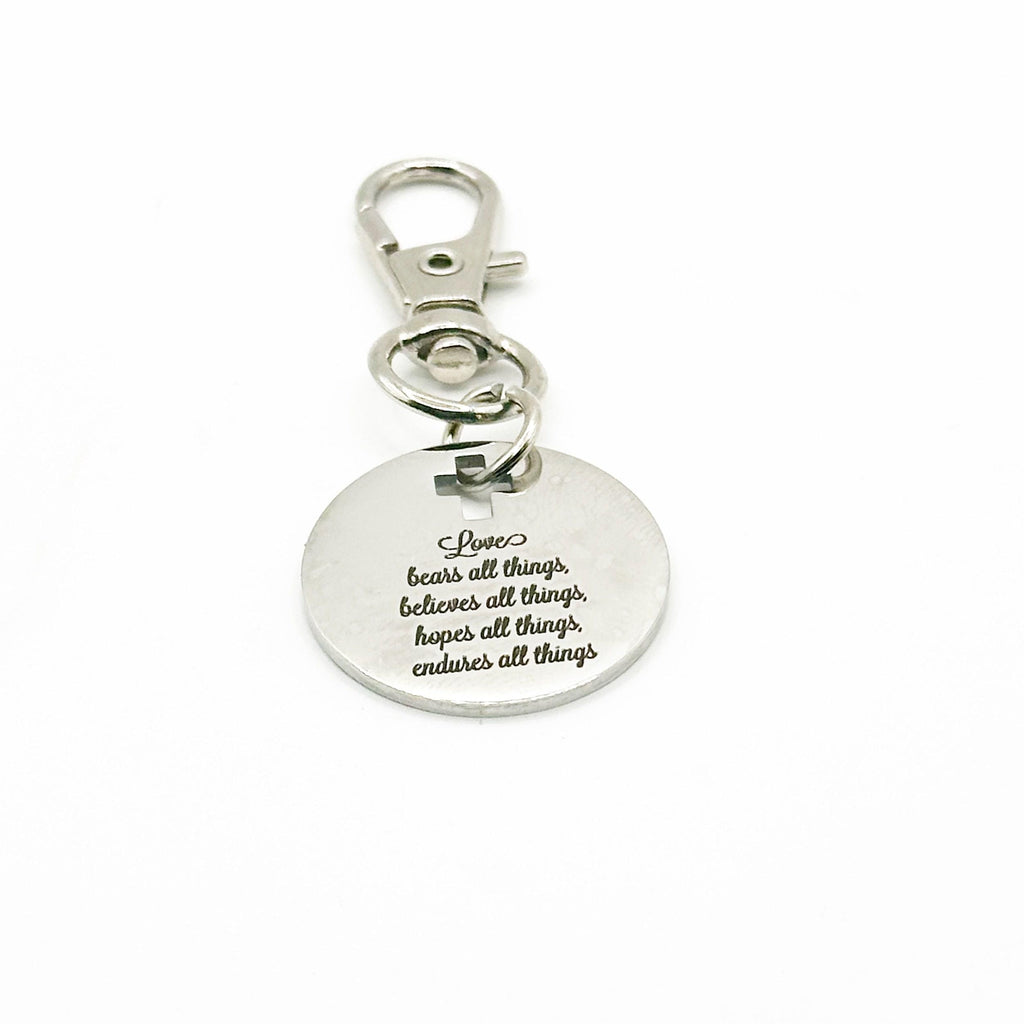 Love Bears All Things Clip On Charm Stainless Steel Faith Keychain Christian Scripture Gift Encouragement Inspiration