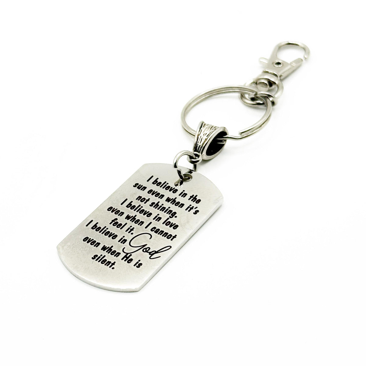 I Believe In God Keychain Faith Inspirational Stainless Steel Engraved Charm Christian Encouragement Gift