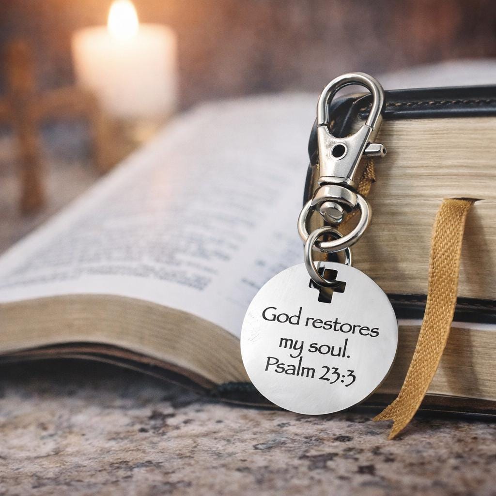 God Restores My Soul Psalm 23 3 Clip On Charm Stainless Steel Faith Charm Lobster Clasp Purse Charm Zipper Pull Bible Verse Gift