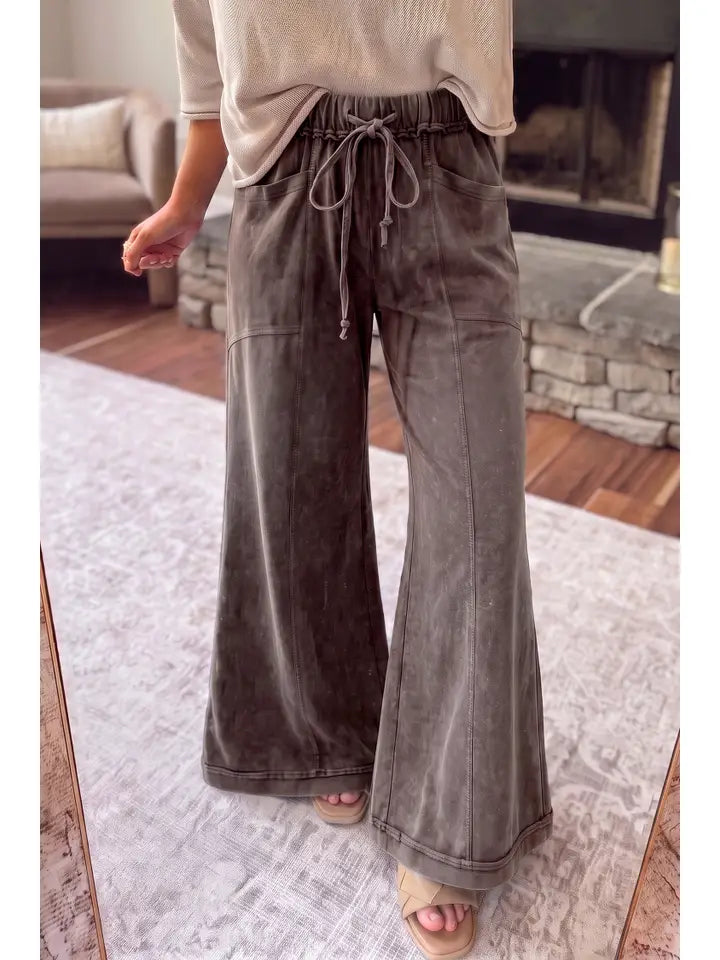 Mineral Wash Seam Detail Flare Leg Drawstring Pants
