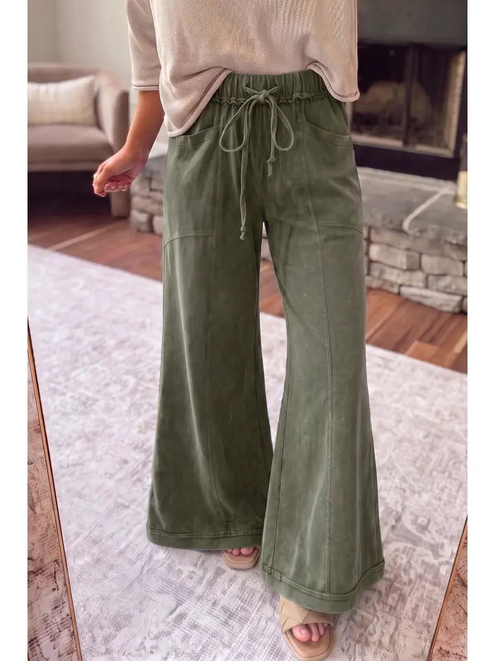 Mineral Wash Seam Detail Flare Leg Drawstring Pants