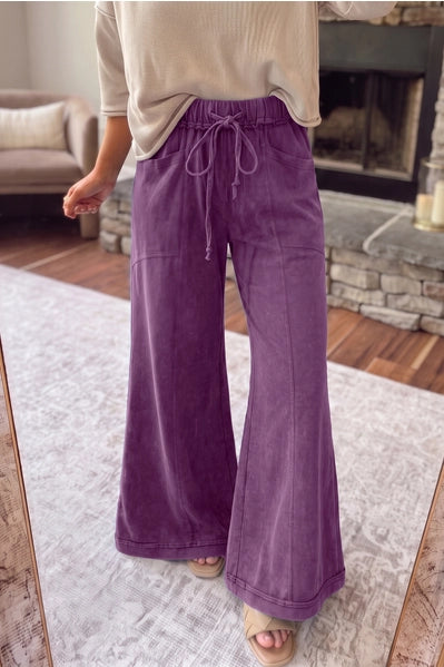 Mineral Wash Seam Detail Flare Leg Drawstring Pants