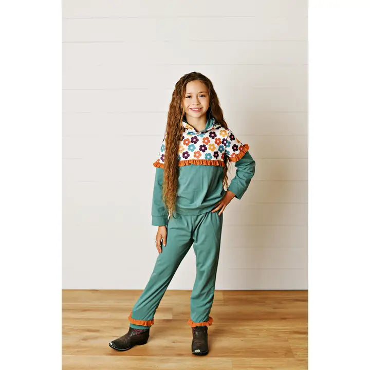 Girls Molly Forest Green Floral Winter Fall Hooded Sweat Set